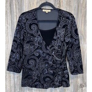 Notations Blouse Women's L Faux Wrap Black Velvet Top Silver Glitter Witchy Goth